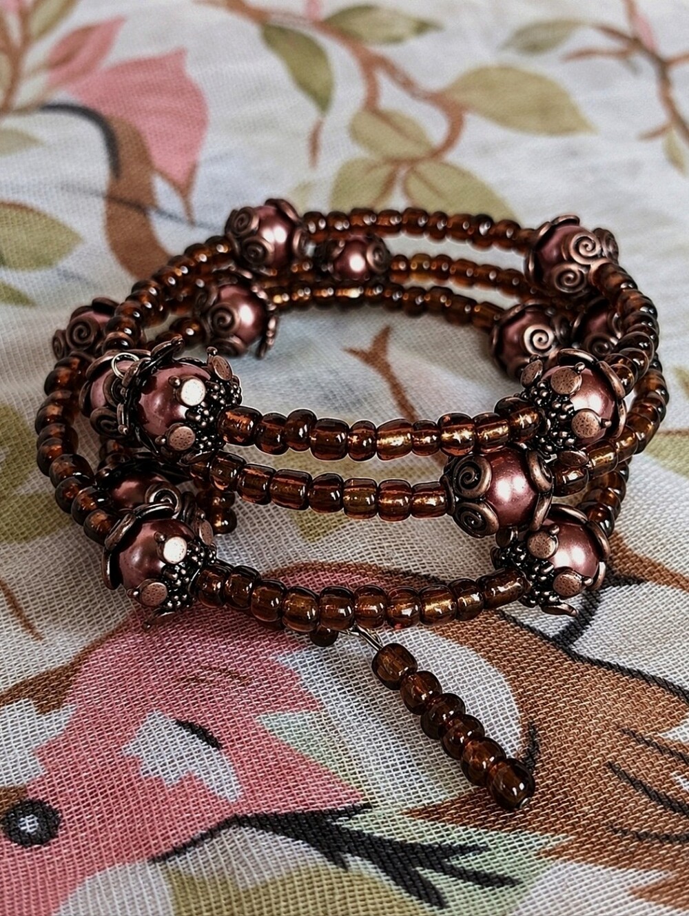 Coppery Color Faux Pearl Seed Bead Amber Beaded Memory Wire Bracelet Bell Caps